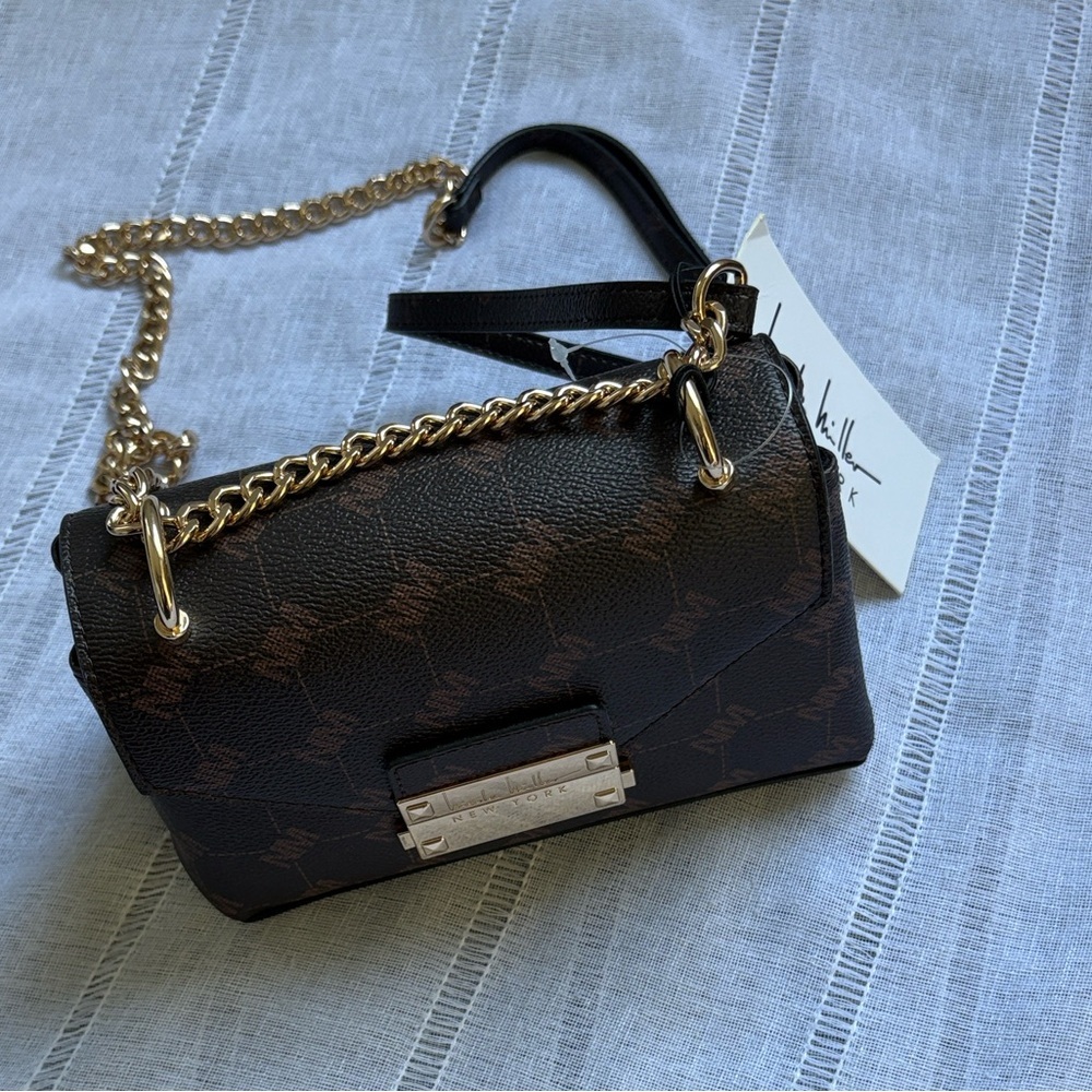Nicole Miller Brown Logo Print Chain Shoulder Bag - Picture 3 of 14